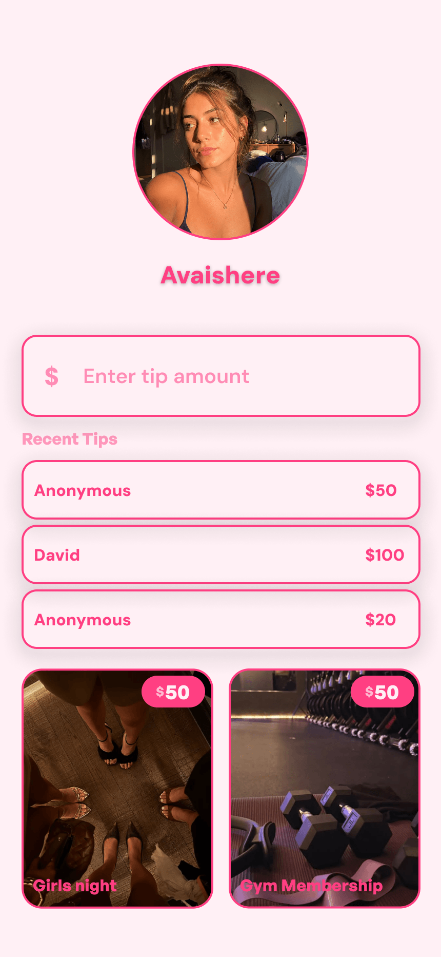 A creator page on a pink background: a round profile photo, a tip field, recent tips, and two gift cards.
