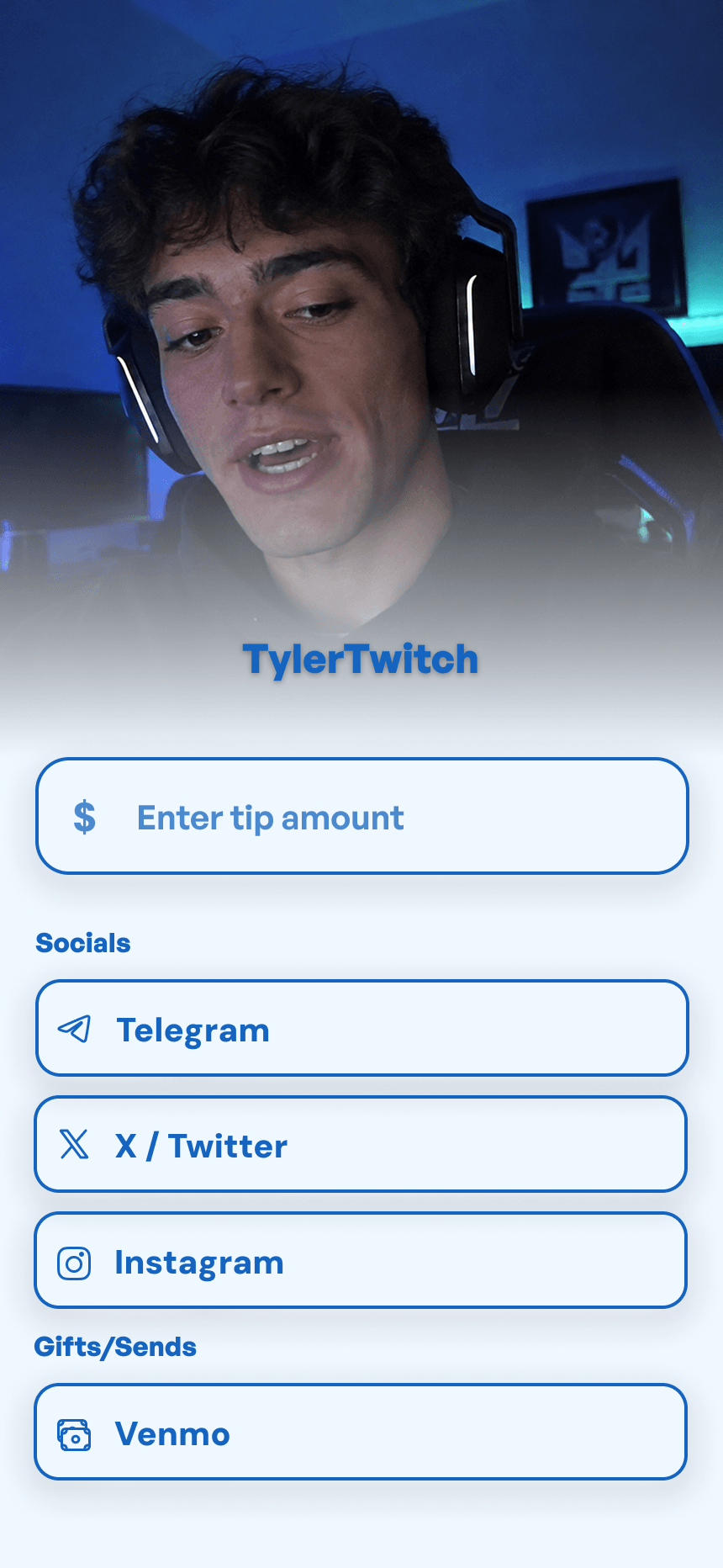 A creator page on a dark blue background: a photo header, a tip field, social links, and a Venmo card.