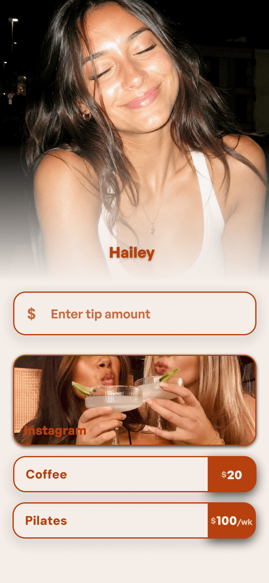 A creator page on a cream background: a photo header, a tip field, and gifts for coffee and pilates.