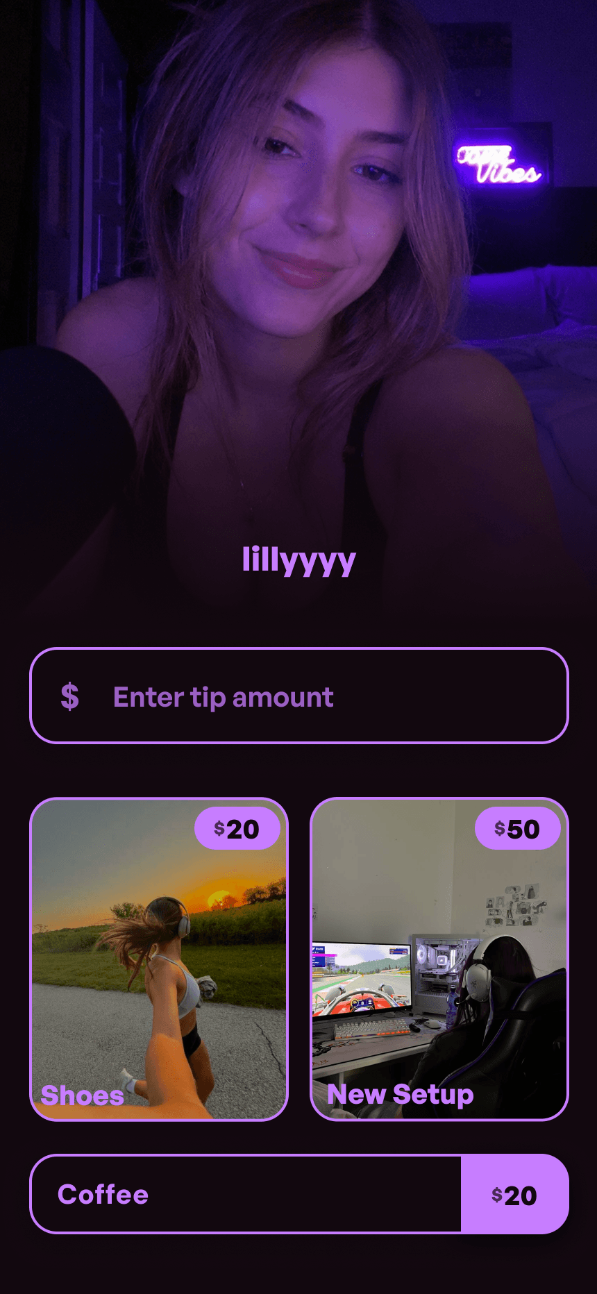 A creator page on a deep purple background: a photo header, a tip field, and gift cards for shoes and a new setup.